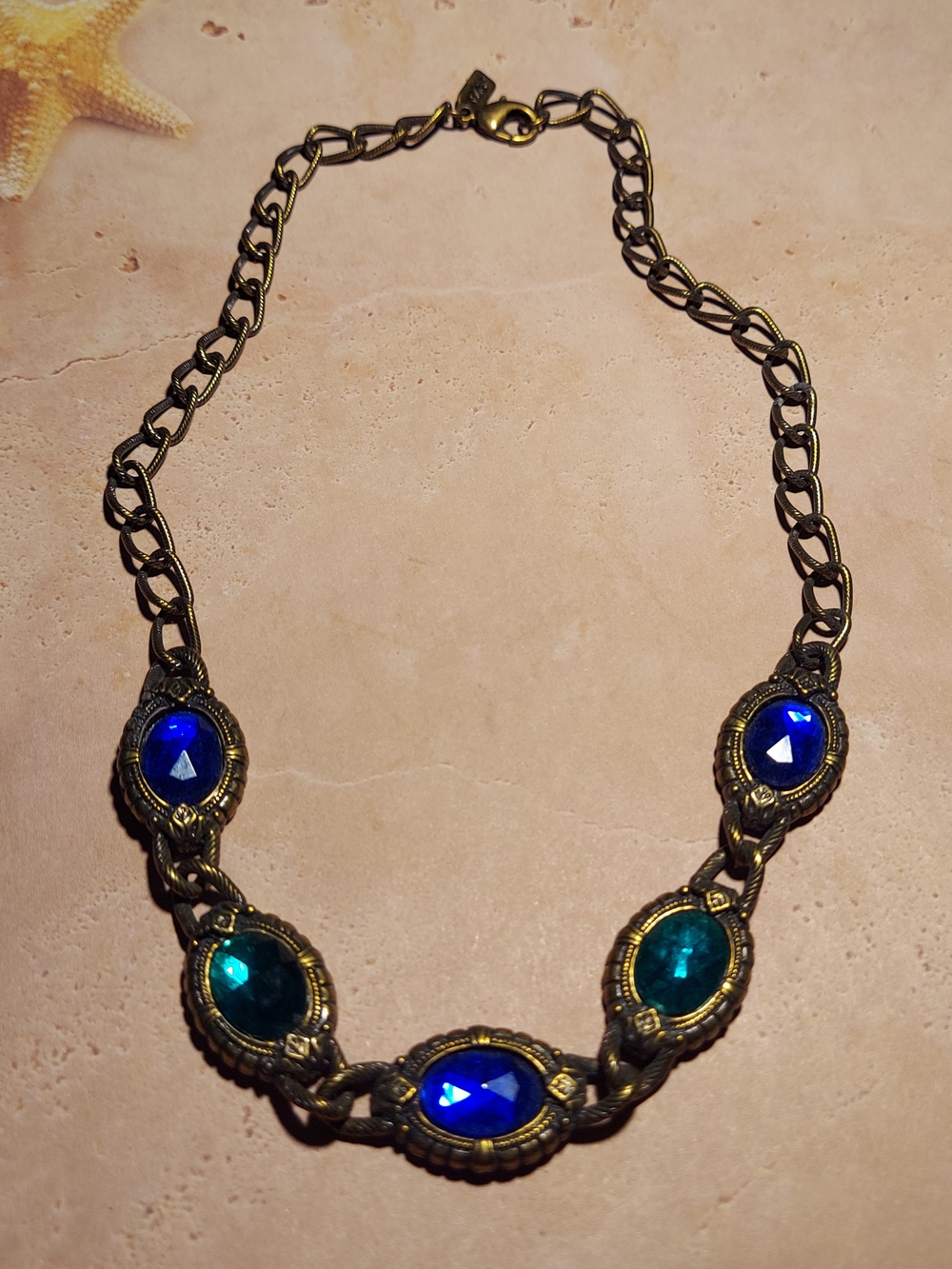 Vintage 1928 Jewelry Co. Blue Green Glass Gold Tone Ornate Statement Necklace